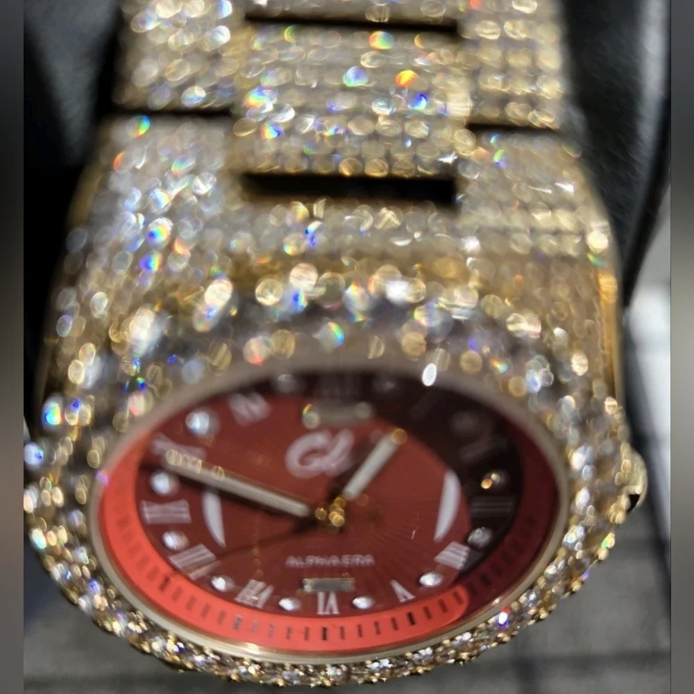 GLD Gold Iced Out 42MM Fully Iced Alpha Era® w/Diamond Prong Link Band /Red Face - Picture 7 of 12